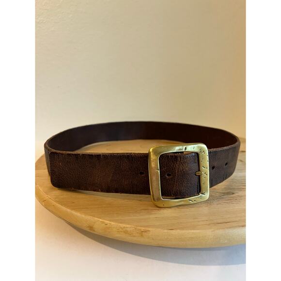 90s Brown Distressed Look Genuine Leather Square Gold Buckle Belt Size Medium main image 9